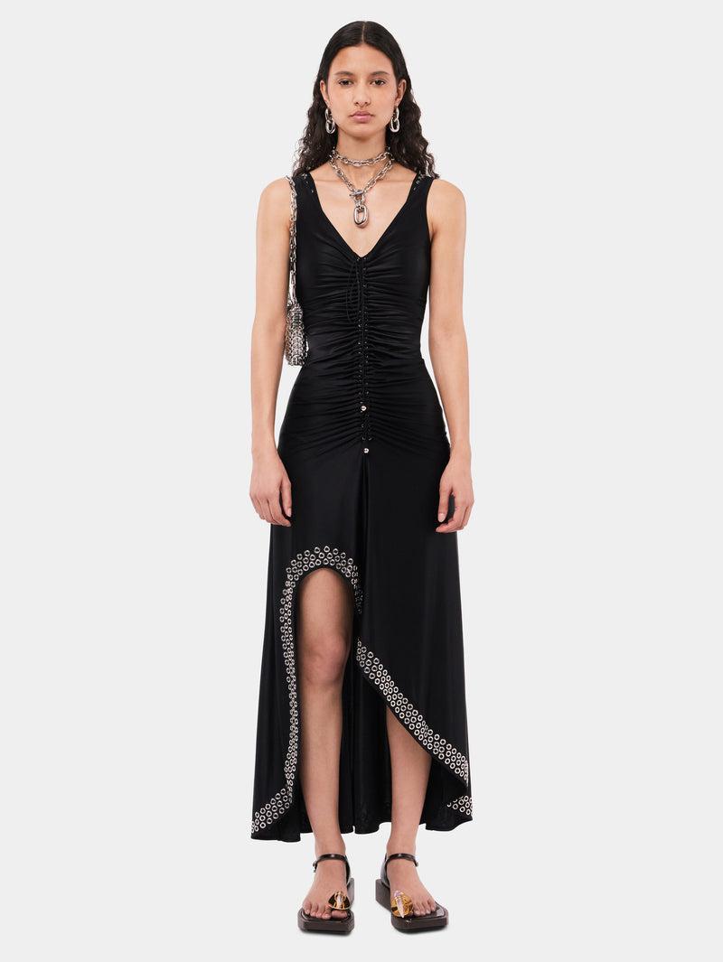 Long black dress with embroidered metallic eyelets Product Image