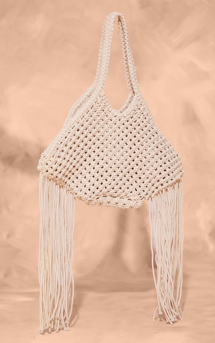 Cream Crochet Shoulder Tassel Beach Bag Product Image