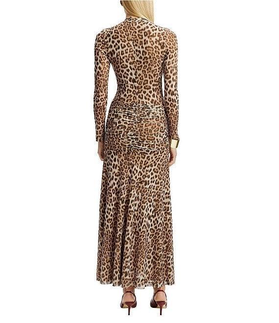 Bardot Leopard Print Mesh Long Sleeve Ruched Slit Maxi Dress Product Image