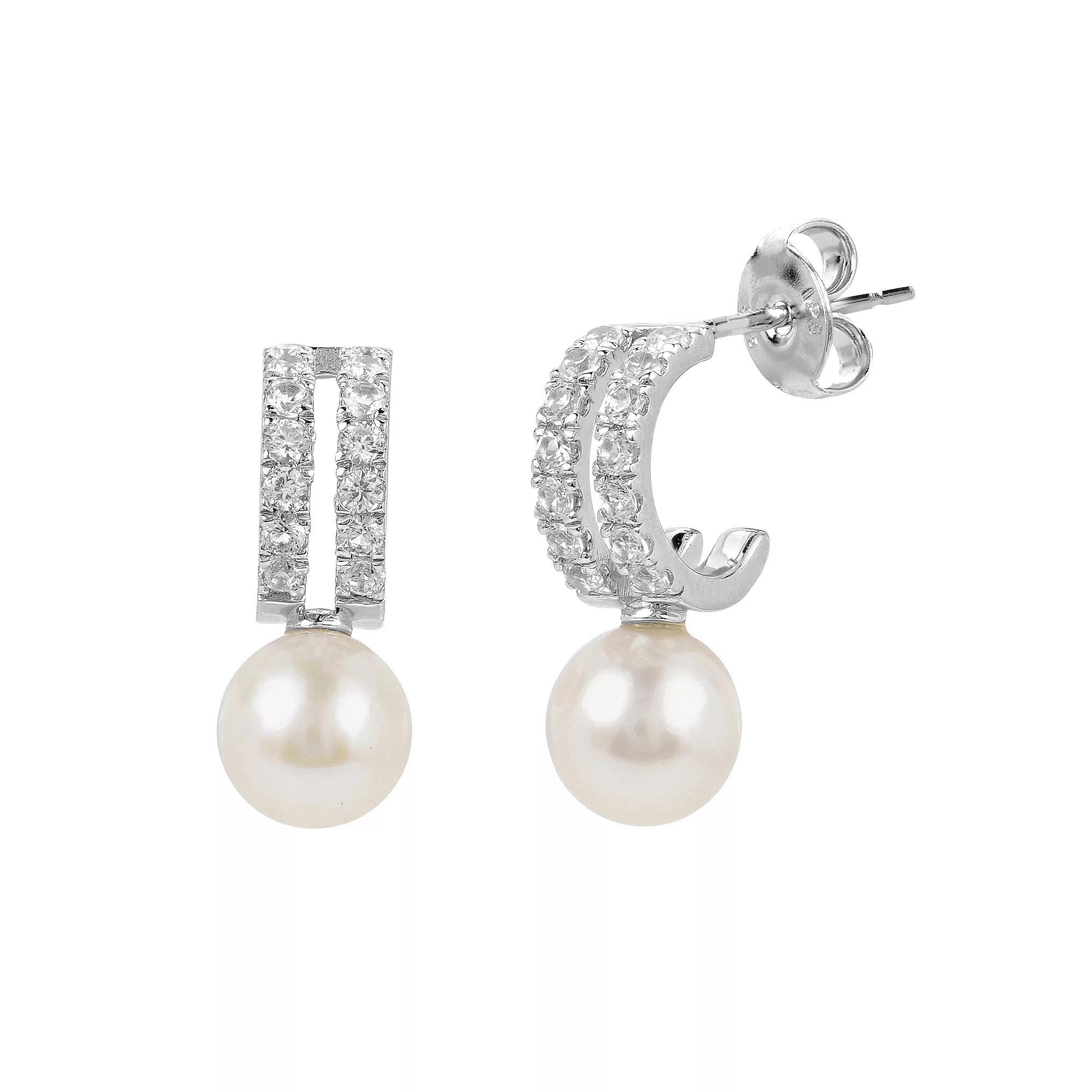 PearLustre by Imperial Sterling Silver Freshwater Cultured Pearl & Lab-Created White Sapphire Hoop Earrings, Womens Product Image