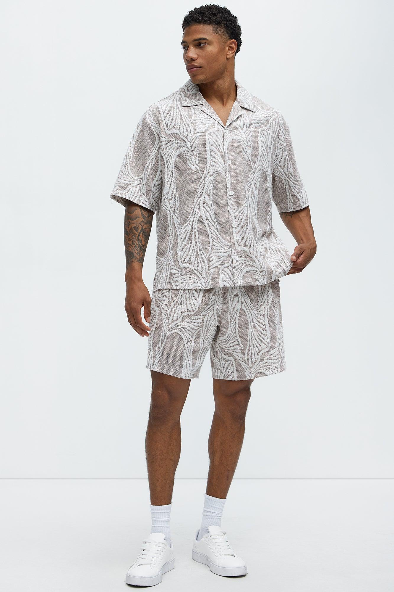 Leaf Patterned Knit Button Up Shirt - Brown Combo Product Image