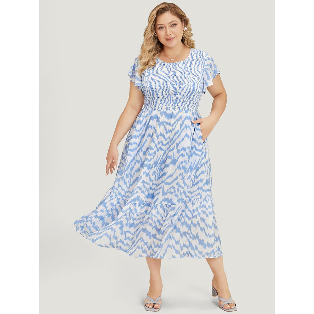 Plus Size Water Ripple Shirred Ruffle Sleeve Pocket Belt Dress LightBlue Women Elegant Contrast Round Neck Short sleeve Curvy Midi Dress BloomChic 22-24/3X Product Image