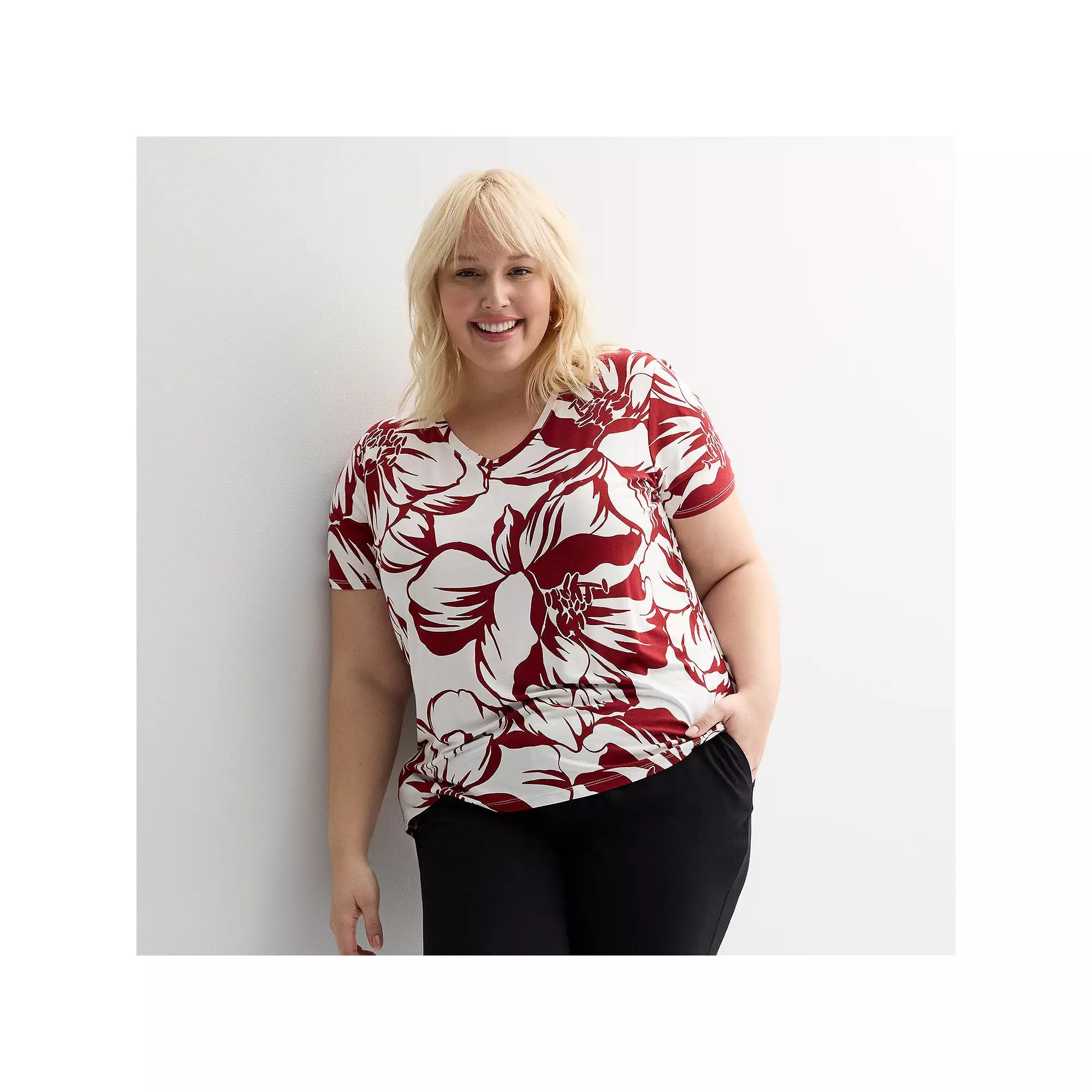 Plus Size Nine West Essential Soft Spun Short Sleeve V-Neck Tee, Women's, Size: 0X, Red Mid  Flor Product Image