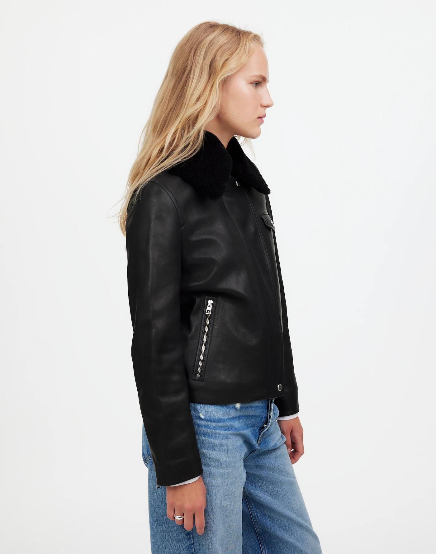 Sherpa-Collar Asymmetric Zip-Front Jacket in Leather Product Image