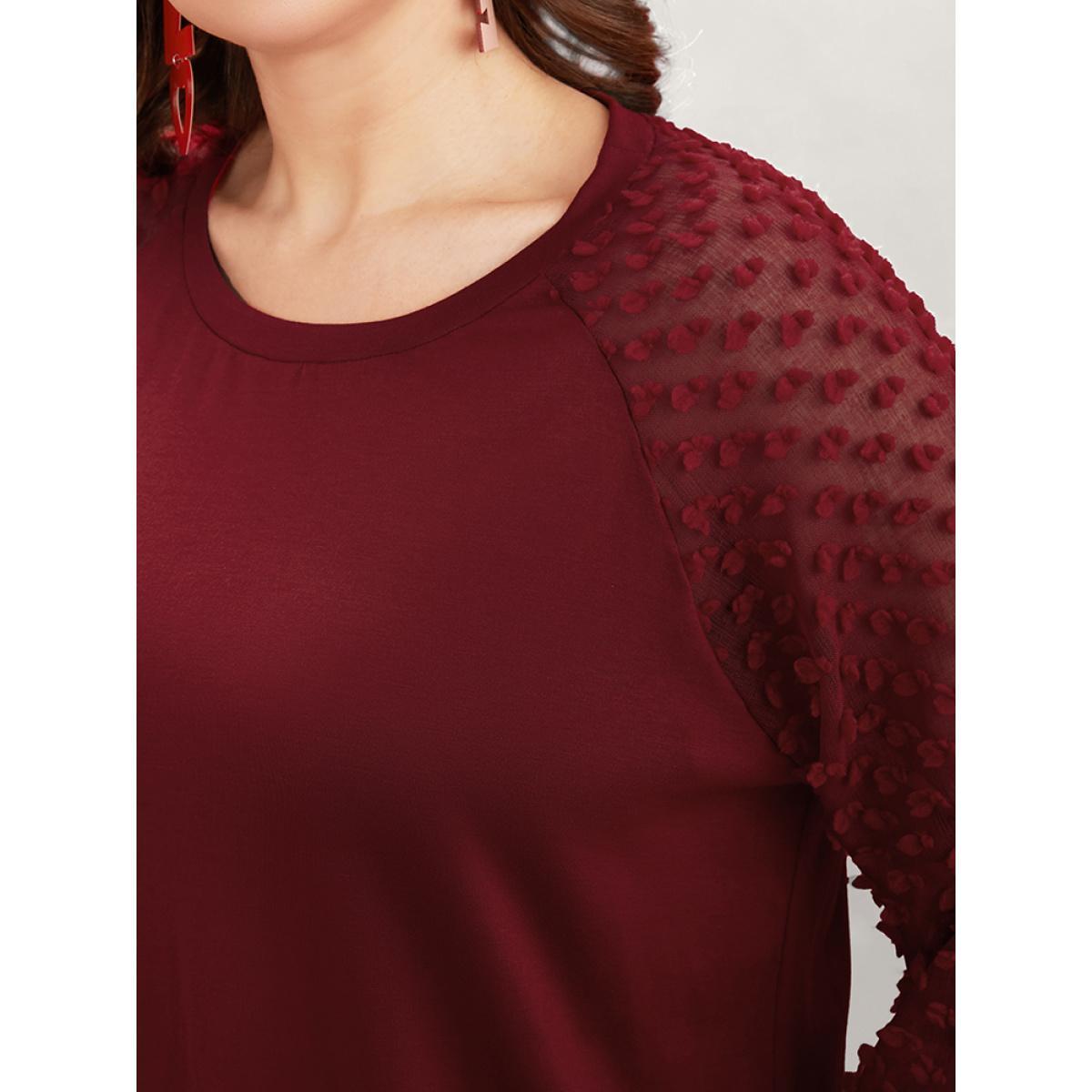 Plus Size Solid Mesh Patchwork Embroidered Round Neck Long Tee Scarlet Women Elegant See through Plain Round Neck Dailywear T-shirts BloomChic 12/L Product Image