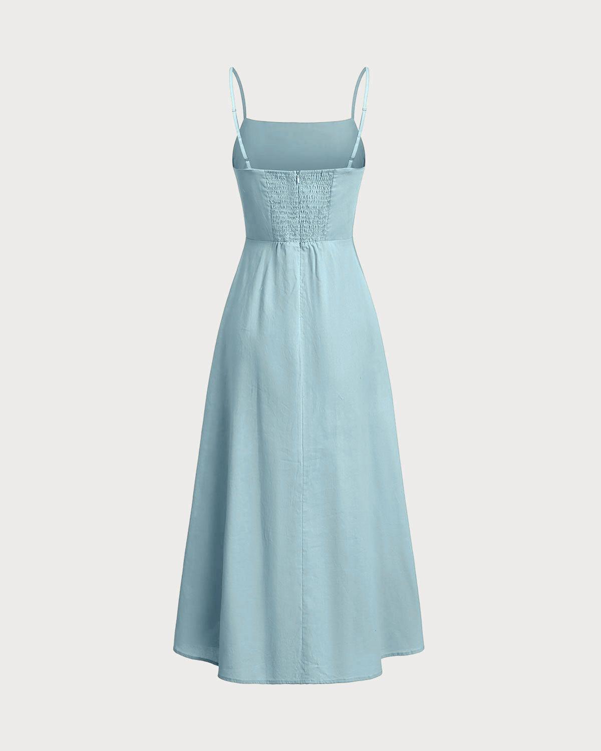 Blue Square Neck Shirred Slip Midi Dress Product Image