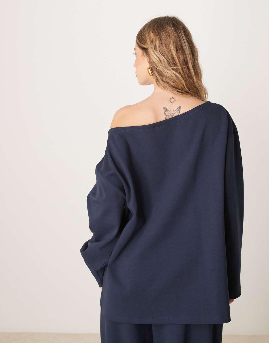 ASOS DESIGN oversized off-shoulder interlock sweatshirt in navy Product Image