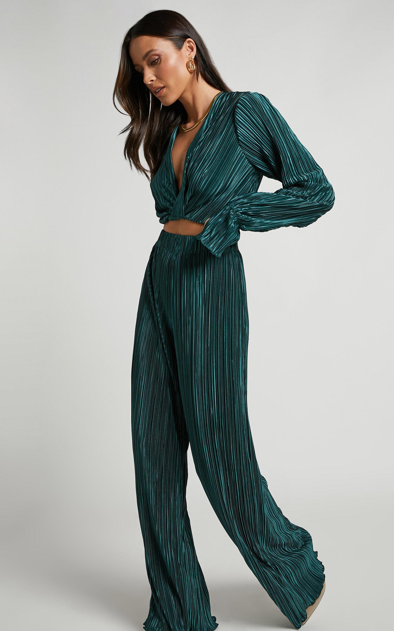 Aluna Two Piece Set - Plisse Twist Front Crop Top and Wide Leg Pants Set in Forest Green Product Image