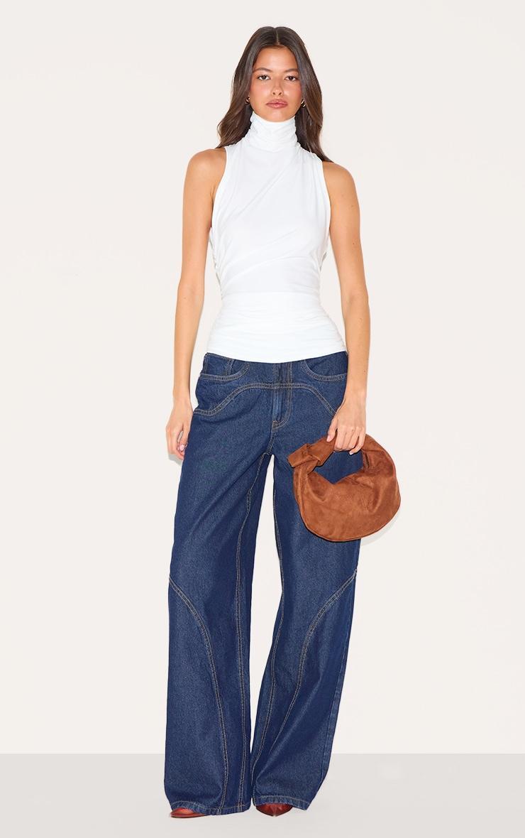 Cream Soft Touch Ruched Side High Neck Top Product Image