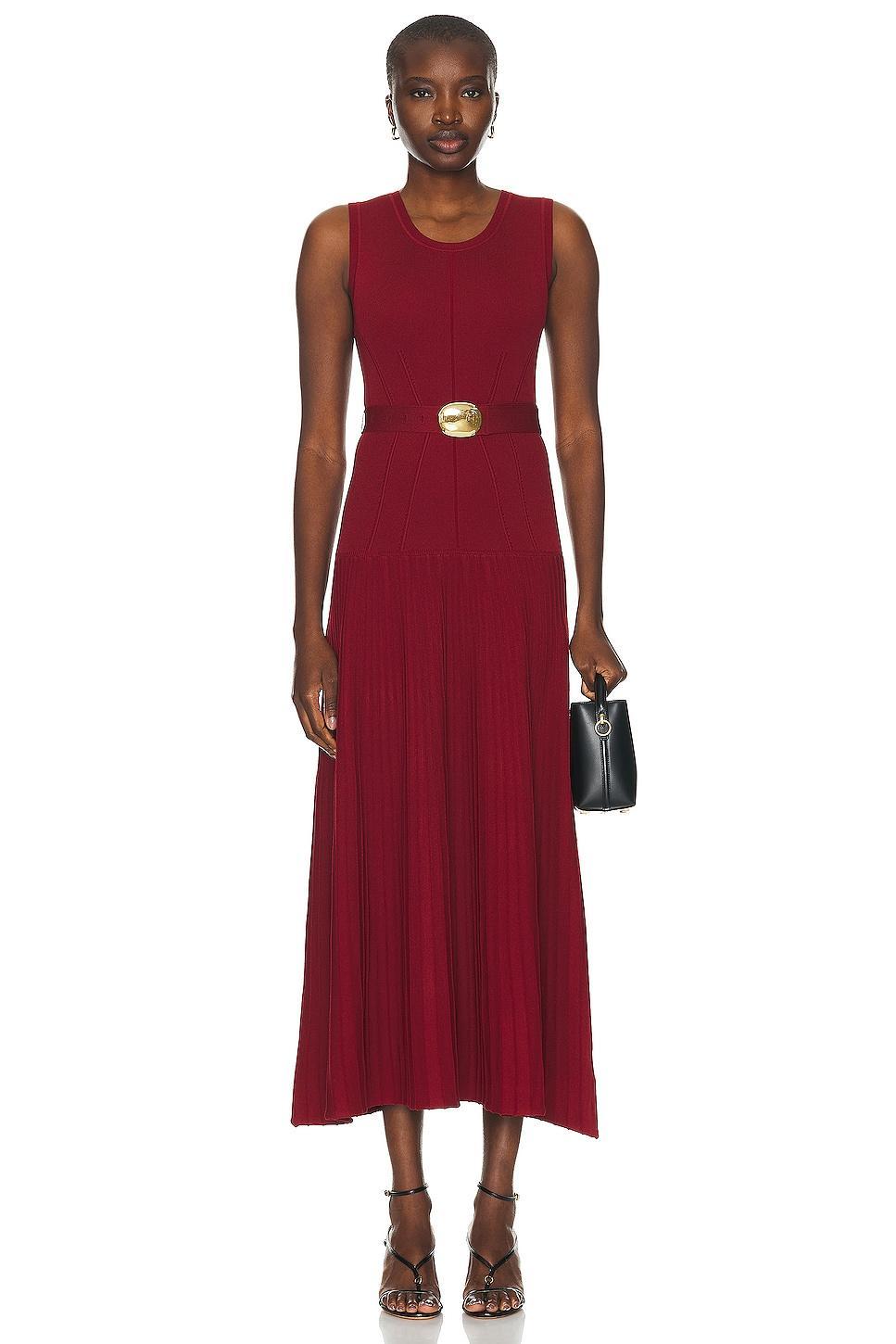 NICHOLAS Madison Pintuck Pleating Slider Belt Midi Dress Burgundy. (also in ). Product Image