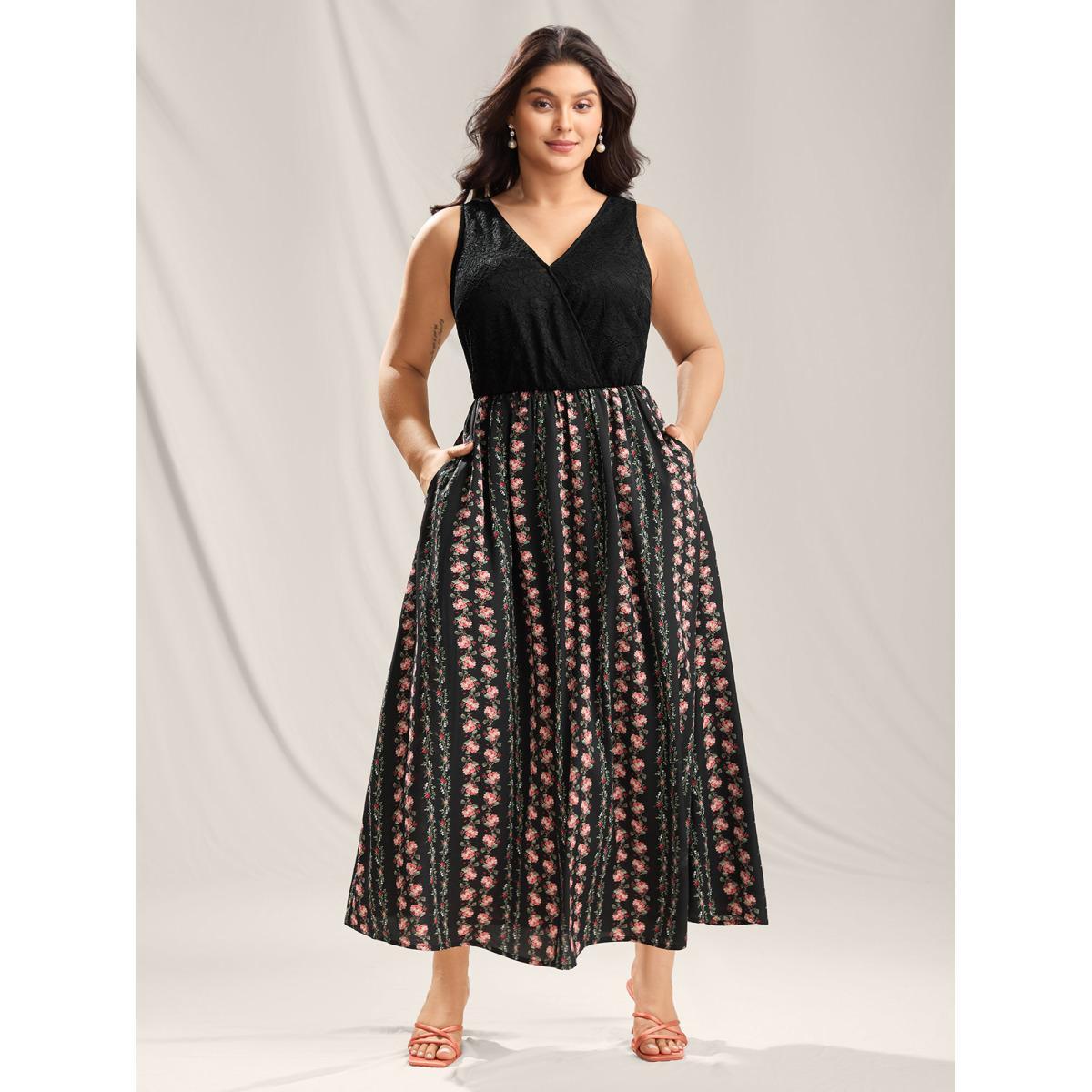 Plus Size Floral Stripes Lace Trim Maxi Dress Black Women Overlap Collar Sleeveless Curvy BloomChic 18-20/2X Product Image