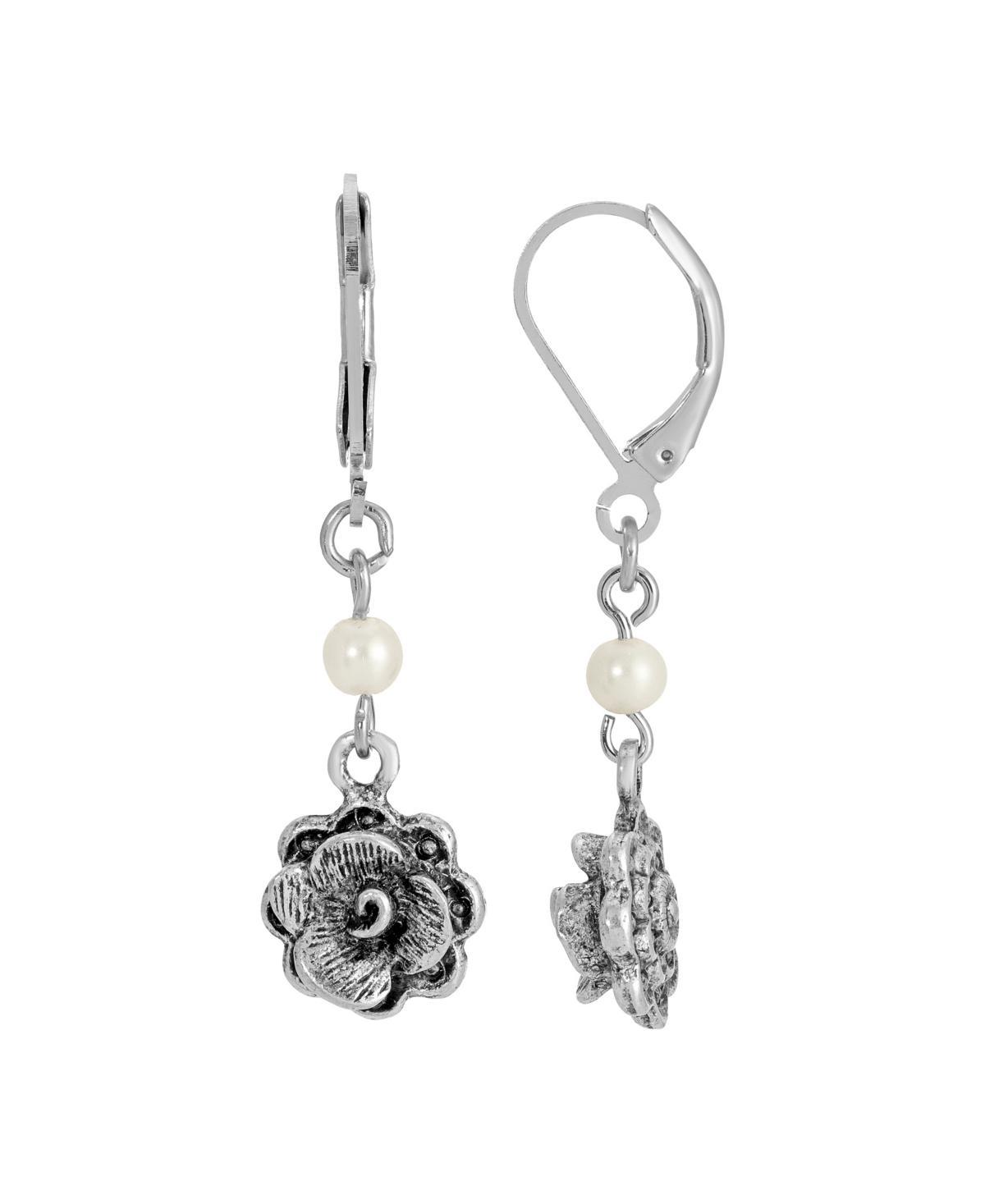 1928 Silver Tone Flower Leverback Earrings, Womens Product Image