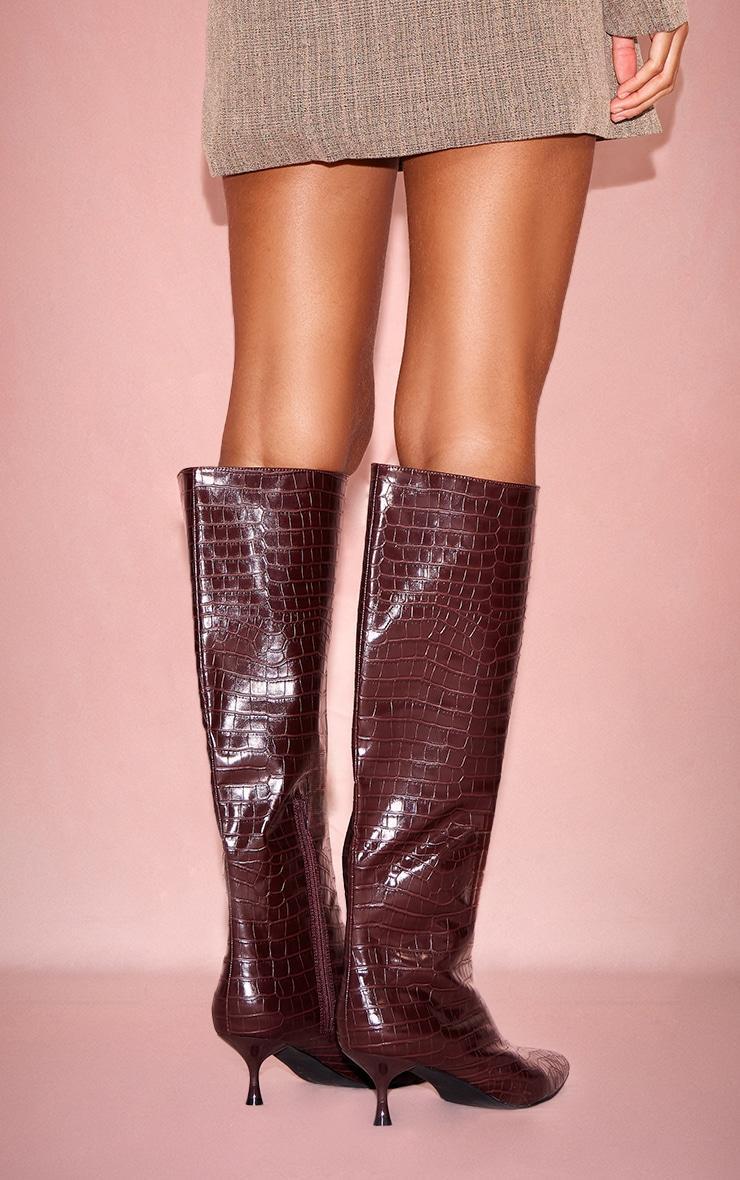 Burgundy Croc PU Point Toe Low Heel Knee High Boots Product Image