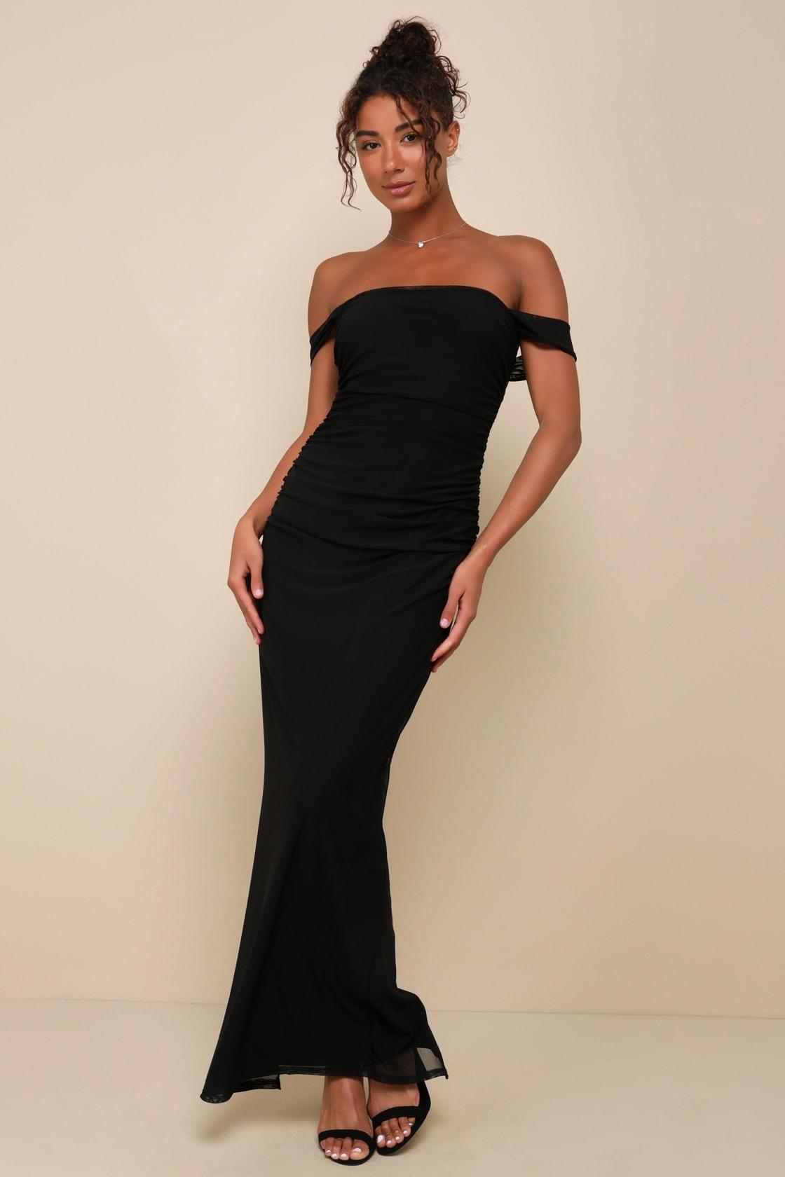 Amazing Presence Black Mesh Ruched Column Maxi Dress Product Image