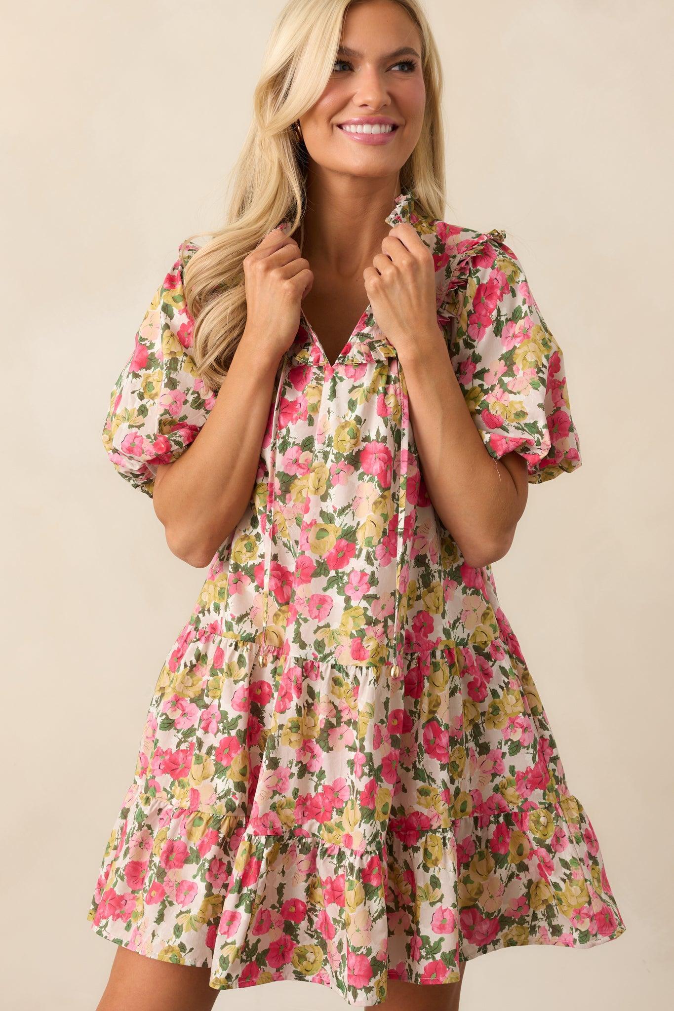 Botanical Garden Date Cotton Pink Puff Sleeve Mini Dress Product Image