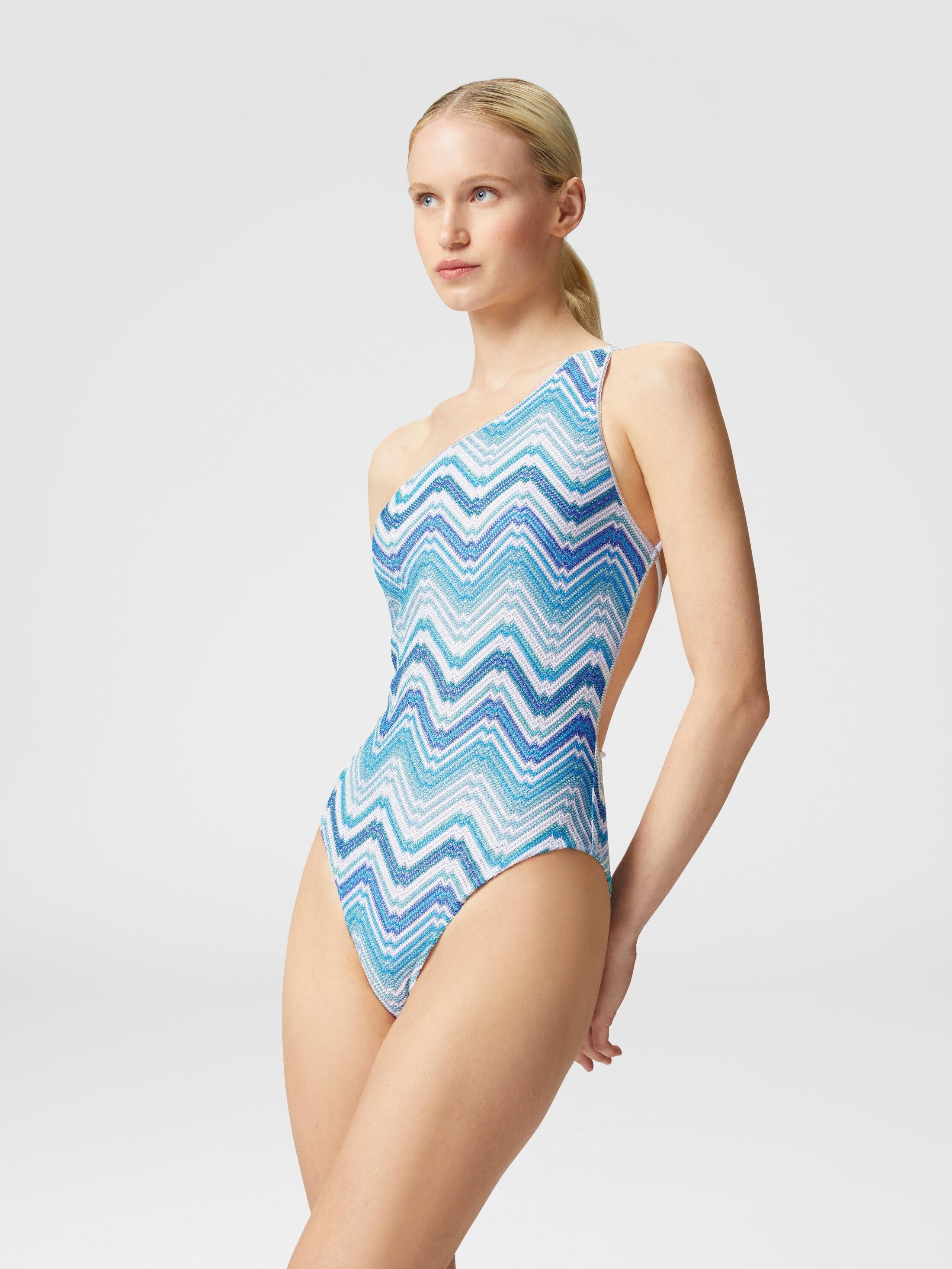 One-shoulder one-piece swimming costume in chevron crochet with lurex Product Image