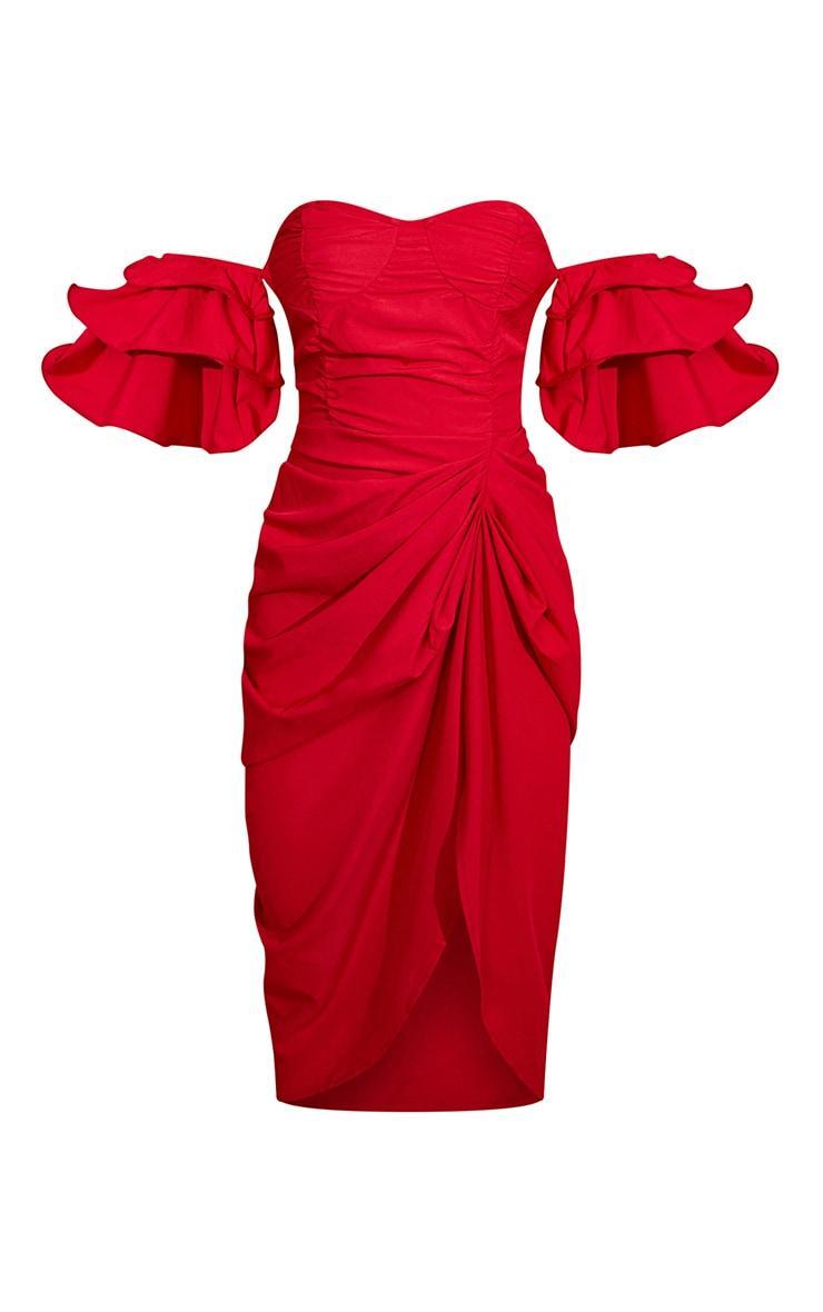 Red Bardot Frill Sleeve Draped Midi Dress Product Image