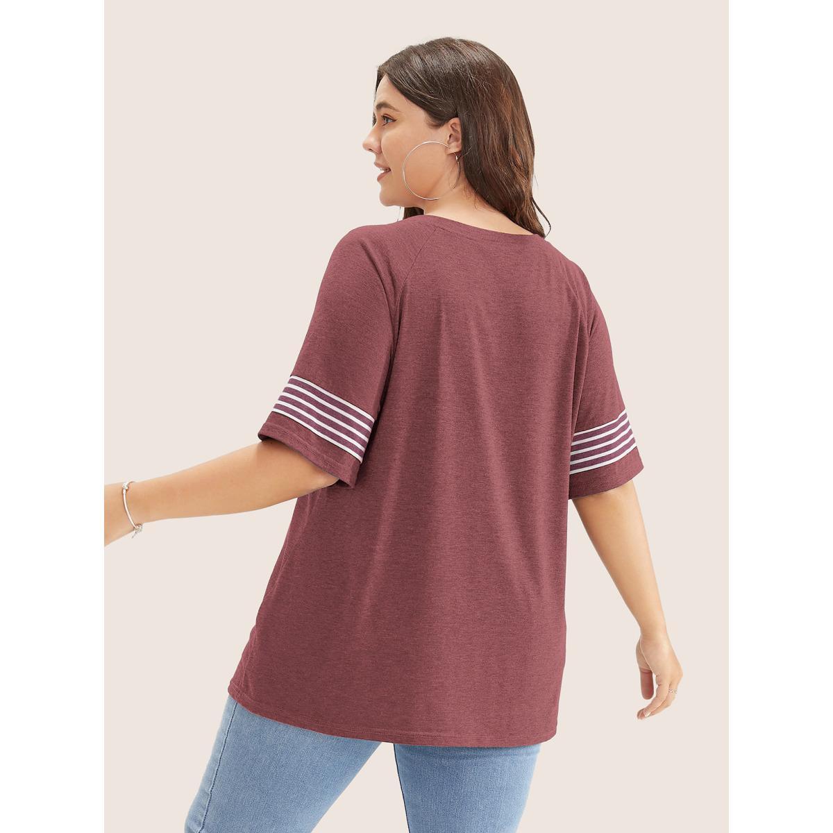 Plus Size Striped Contrast Raglan Sleeve Crew Neck T-shirt Burgundy Women Casual Plain Everyday T-shirts BloomChic 12/L Product Image