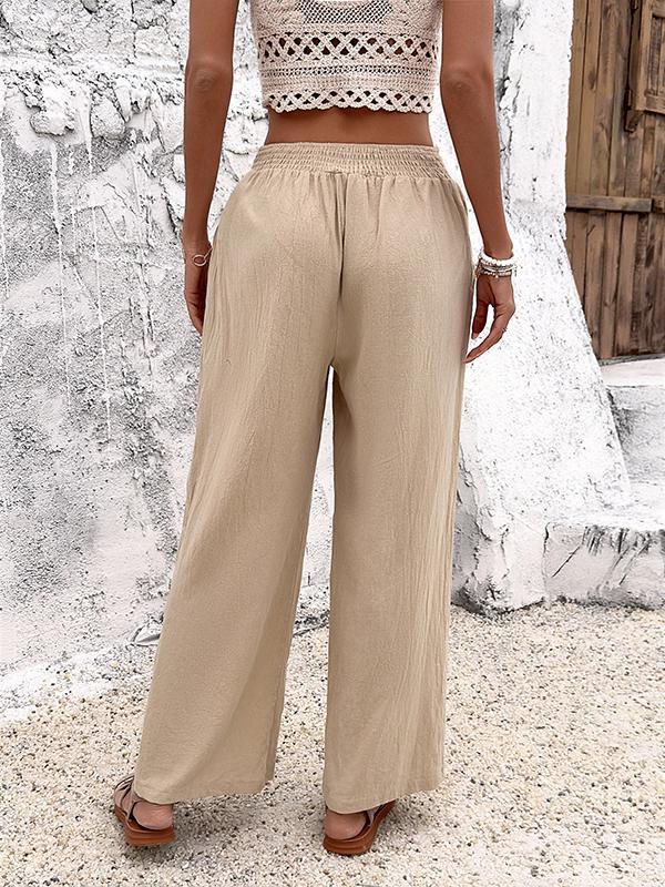 Loose Wide Leg Buttoned Pleated Pockets Solid Color Pants Trousers Product Image