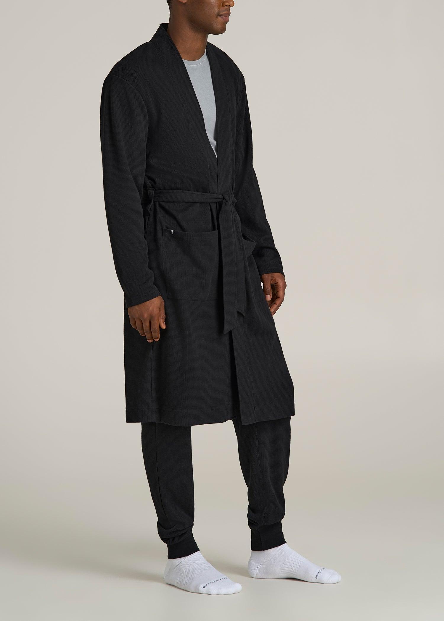 Waffle-Knit Lounge Robe for Tall Men in Black Male Product Image