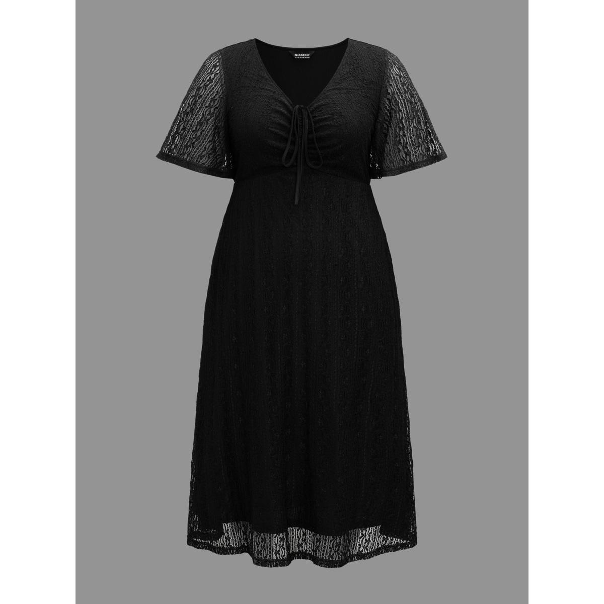 Plus Size Lace V-Neck Bow Drawstring Midi Dress Black Women Casual Tie knot Knit Dresses Bloomchic 12/L Product Image