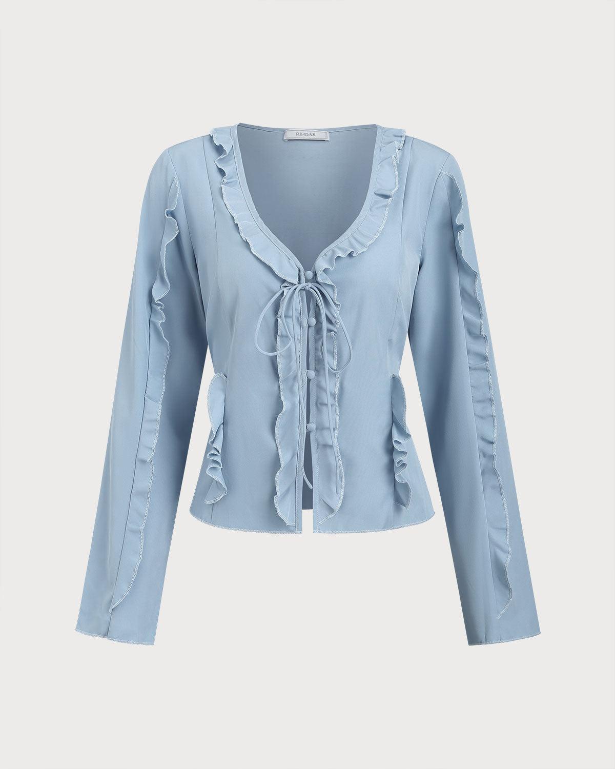 Blue Ruffle V Neck Button Blouse Product Image