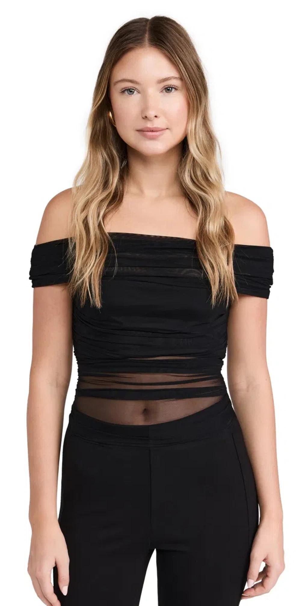 ALICE AND OLIVIA Isadola Ruched Mesh Crop Top In Black Product Image