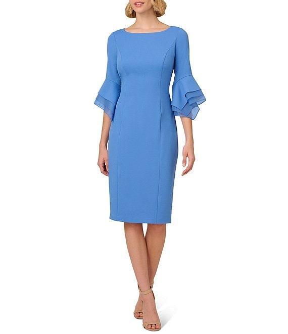 Adrianna Papell Petite Size 3/4 Bell Sleeve Boat Neck Stretch Crepe Knit Sheath Dress Product Image