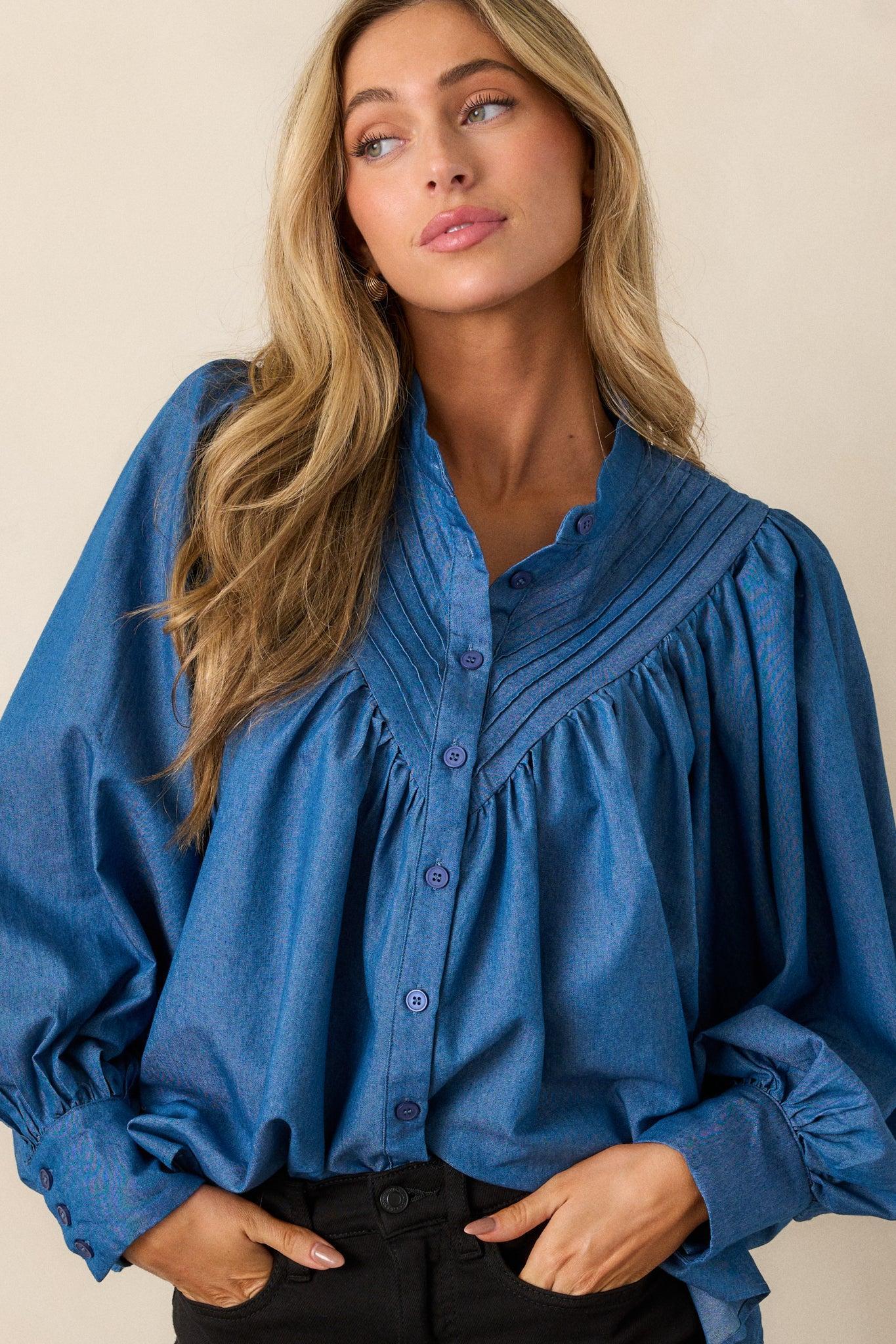 See What Happens Medium Wash Chambray Blouse Product Image