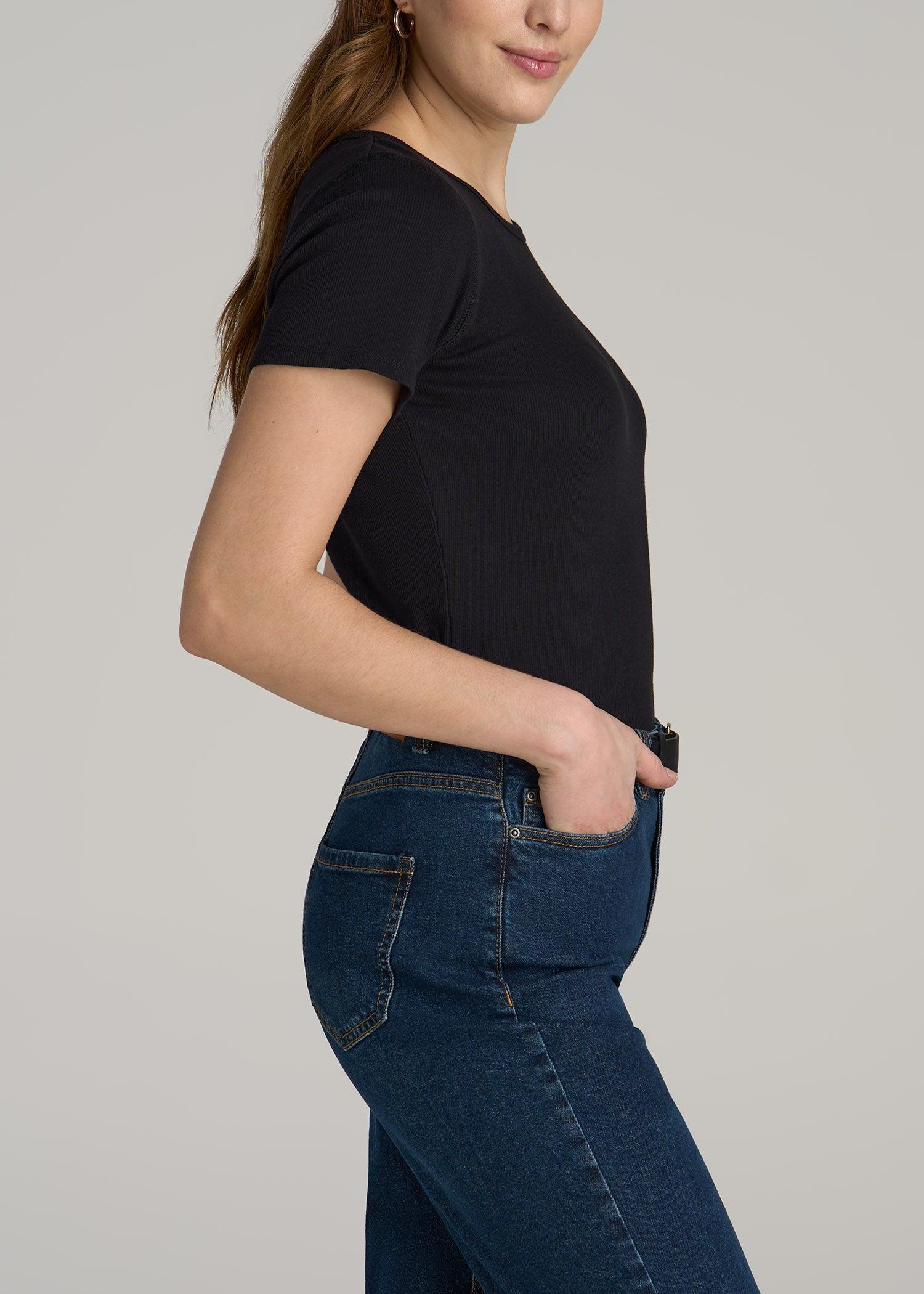 Short Sleeve Crew Neck Ribbed T-Shirt for Tall Women in Black Product Image