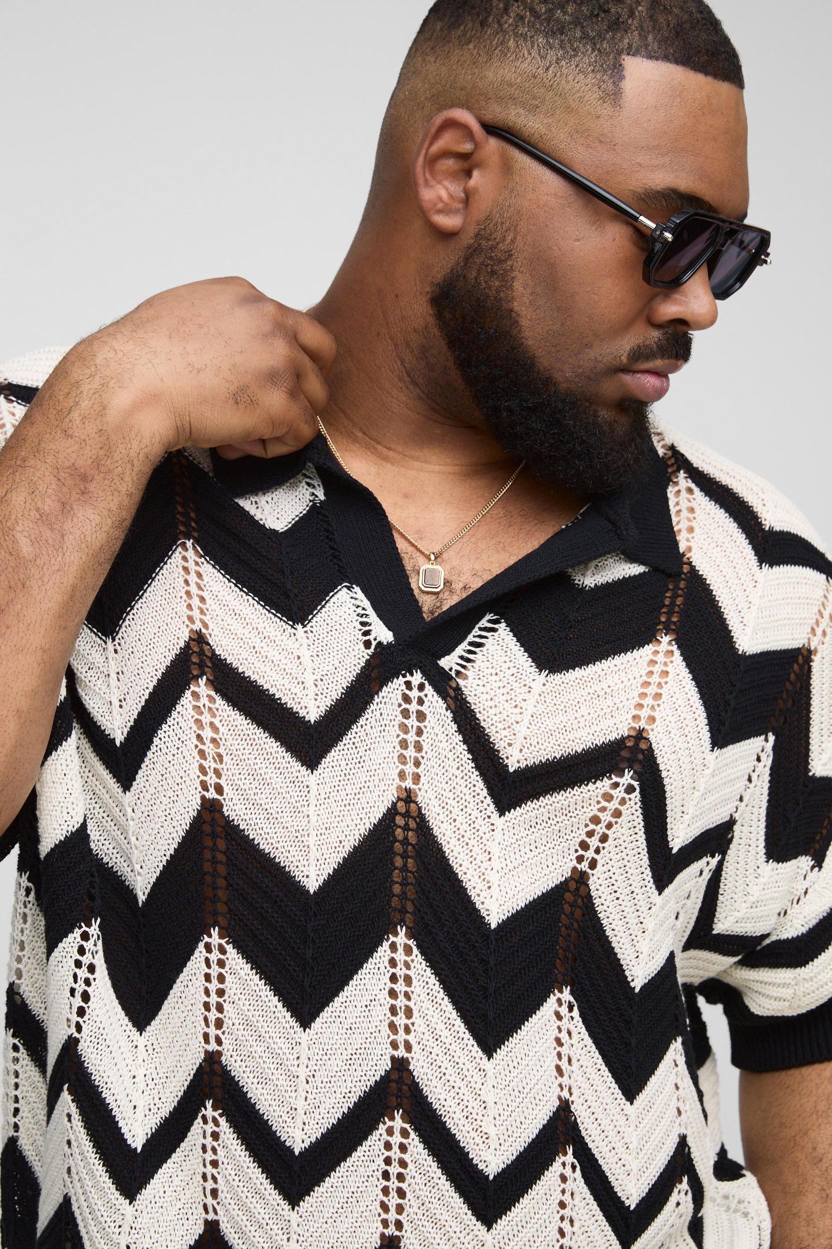 Plus Boxy Oversized Abstract Open Knit Polo | boohooMAN USA Product Image