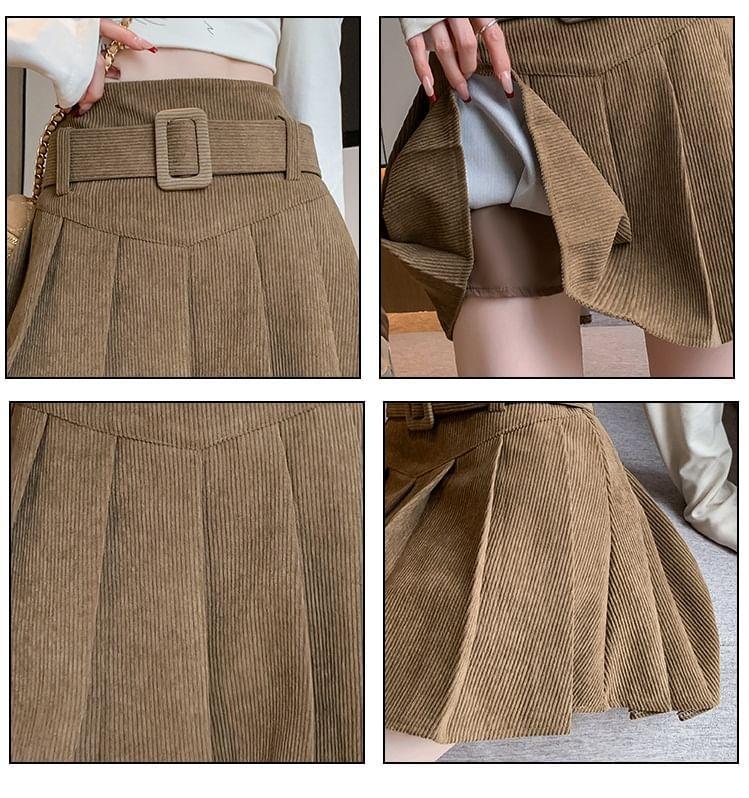 High Waist Corduroy Plain Mini Pleated A-Line Skirt Product Image