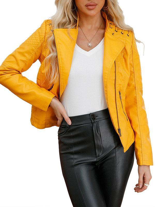 Long Sleeves Split-Joint Zipper Mock Neck PU Jackets Outerwear Product Image