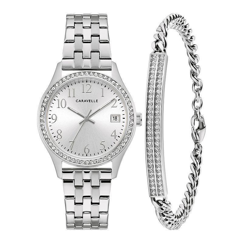 Caravelle by Bulova Womens Crystal Accented Stainless Steel Watch & Crystal Bracelet Box Set Silver Product Image