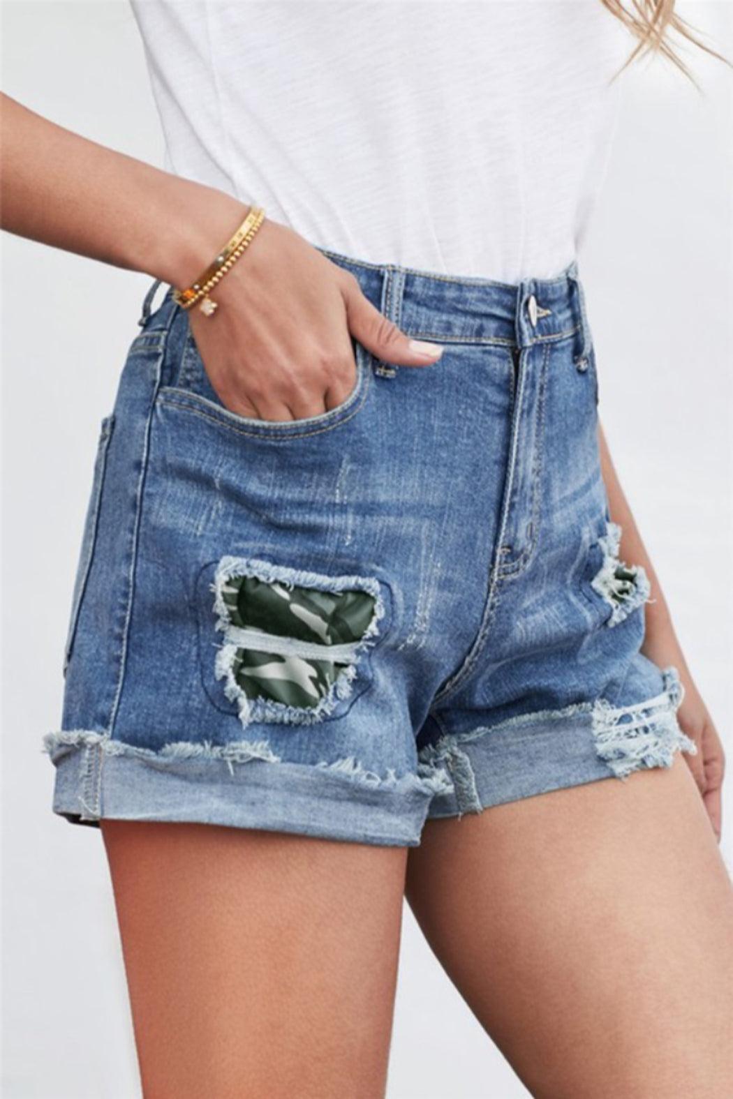 Camo Rolled Hem Denim Shorts Product Image