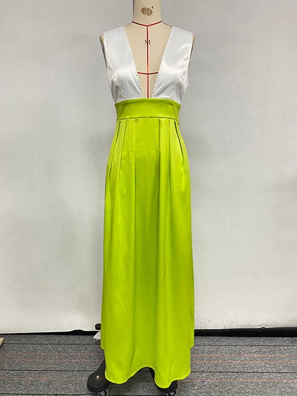 A-Line High Waisted Contrast Color Pleated Zipper Deep V-Neck Maxi Dresses Product Image