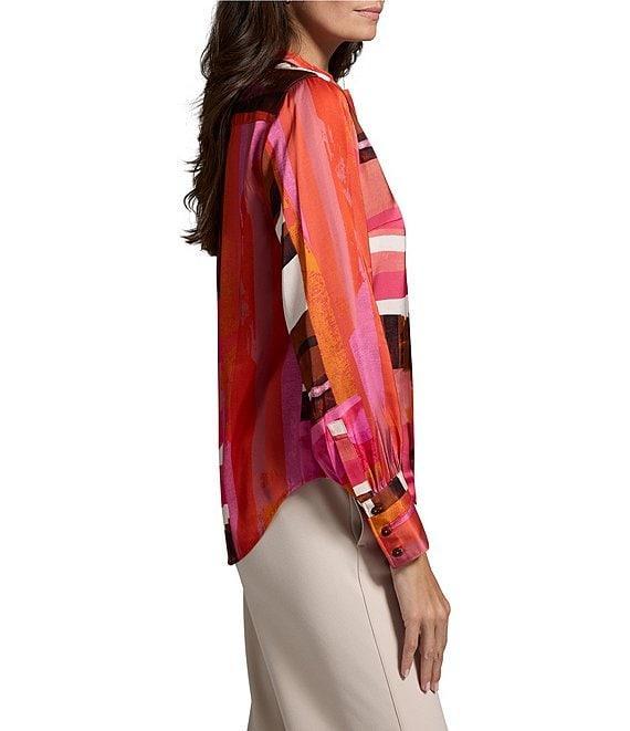 NIC + ZOE Artful Blocks Glossy Stand Collar Long Sleeve Blouse Product Image