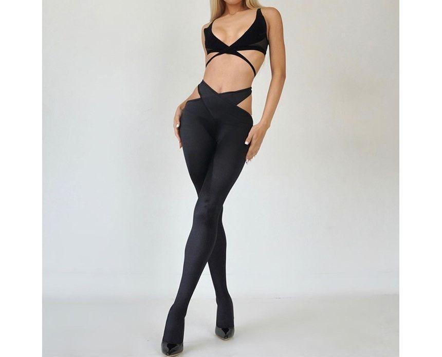 Set: Sleeveless V-Neck Plain Crop Top + High Waist Cut Out Slim Fit Pants Product Image