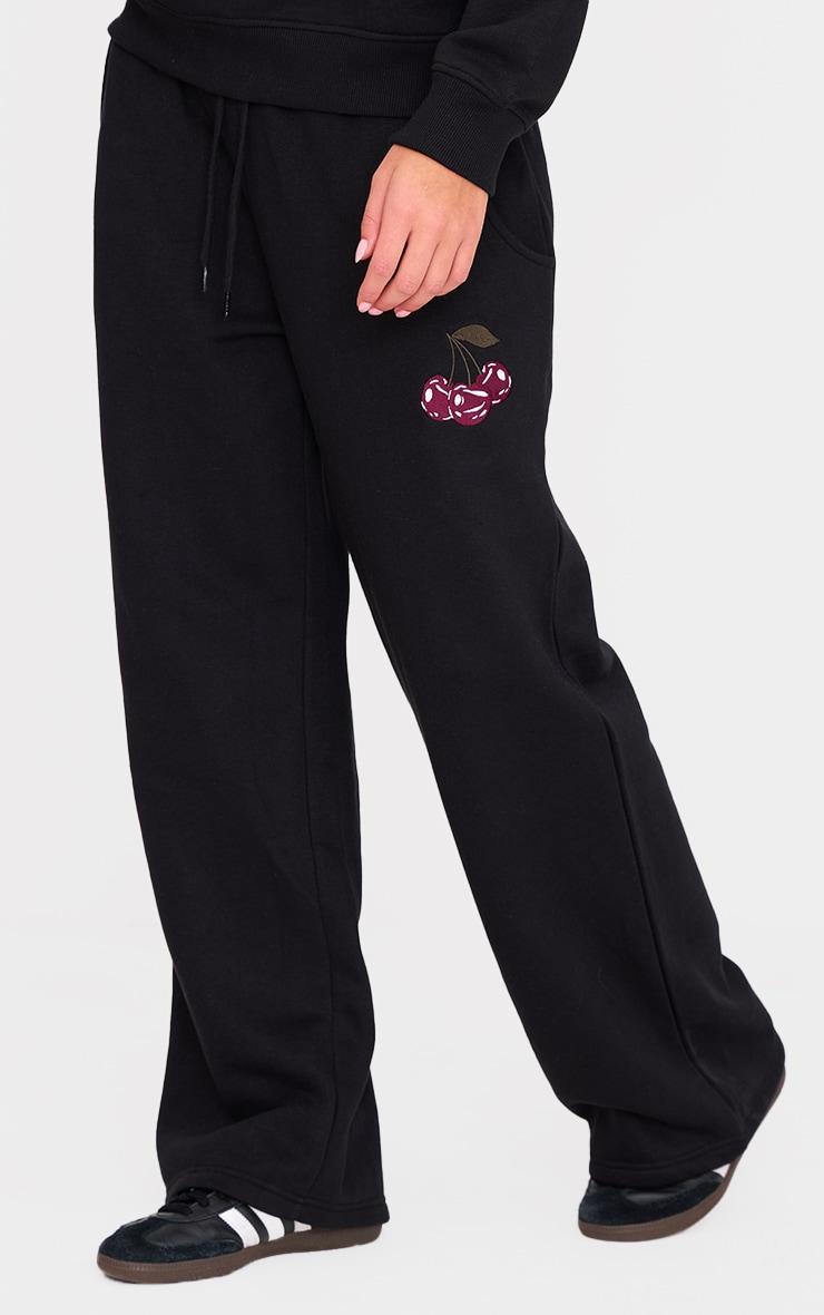 Black Embroidered Cherry Wide Leg Sweatpants Product Image