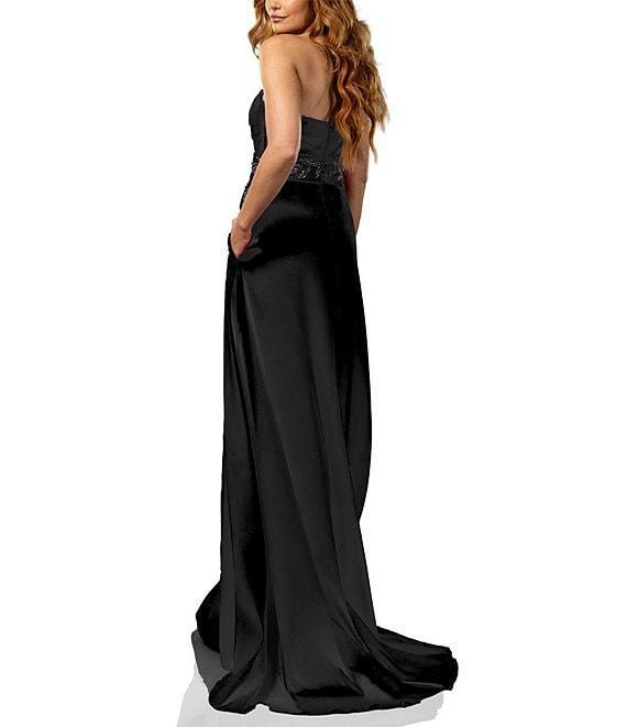Terani Couture Strapless Ruched Satin Beaded Leaf A-Line Gown Product Image