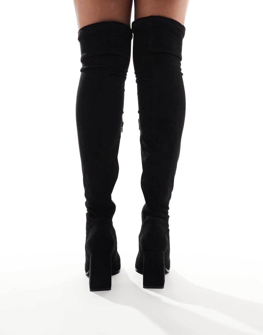 ASOS DESIGN Wide Fit Keely block-heeled over the knee boots in black micro Product Image