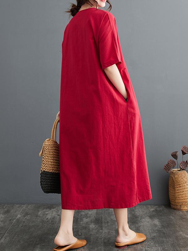 A-Line Loose Chinese Frog Buttons Pockets Solid Color Split-Side V-Neck Midi Dresses Product Image
