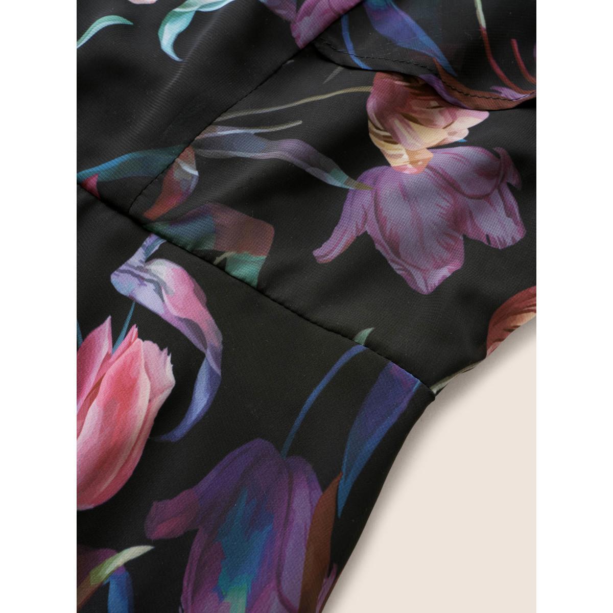 Plus Size Black Floral Mesh Ruffle Sleeve Elastic Waist Blouse Women Elegant Short sleeve V-neck Everyday Blouses BloomChic 22-24/3X Product Image