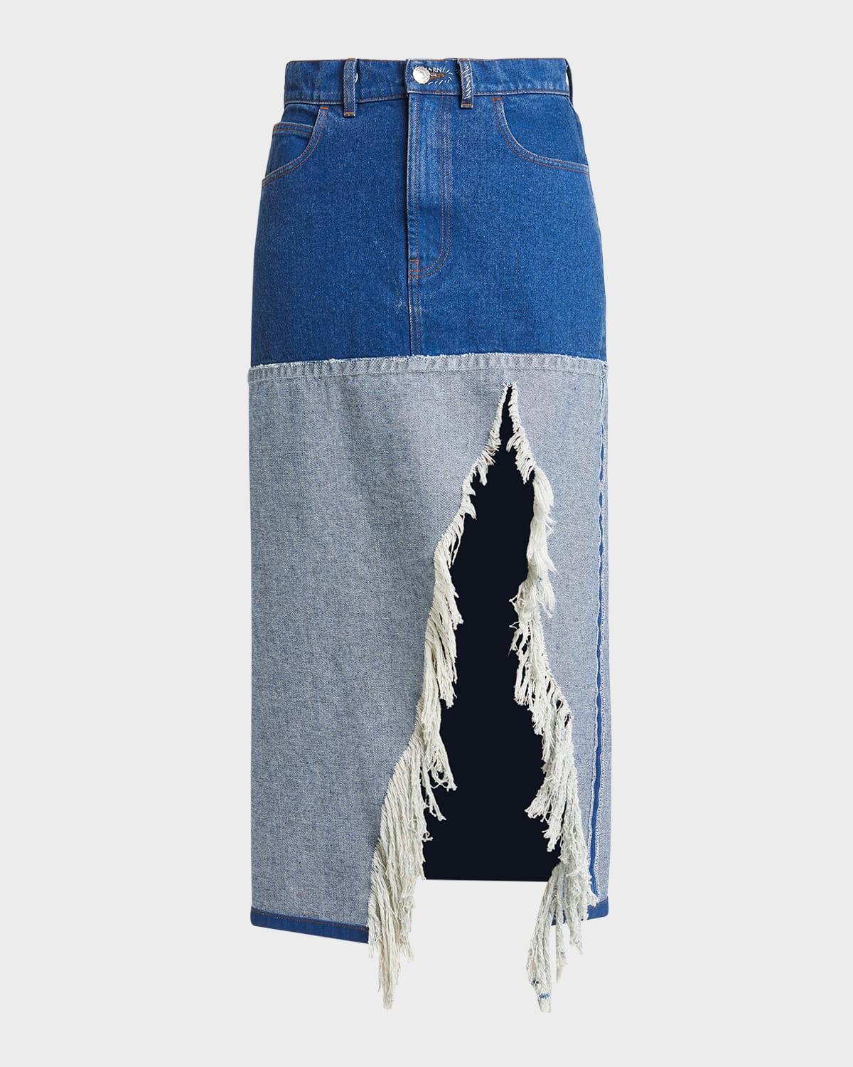 Distressed Slit-Hem Midi Denim Skirt Product Image