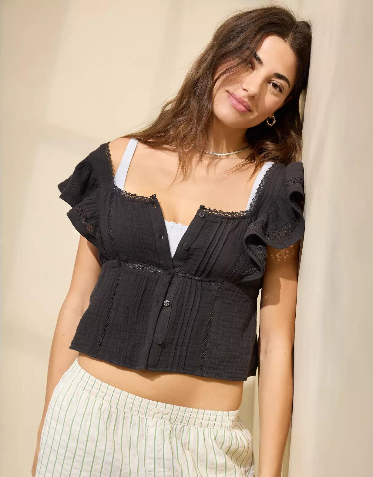 Aerie Button Front Ruffle Sleeve Top Product Image