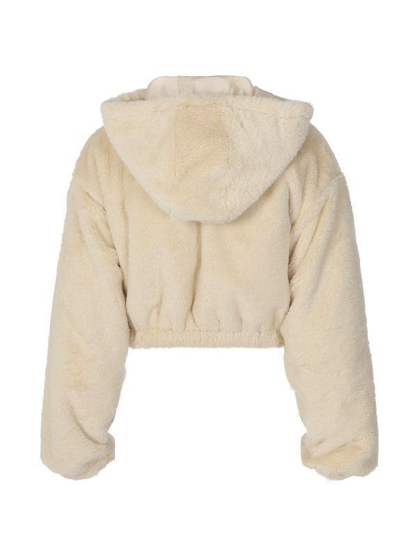 Fuzzy Solid Hooded Zip Up Short Jacket Product Image