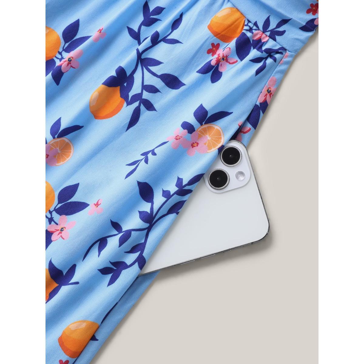 Plus Size Citrus Print Cinched-Waist Midi Dress Skyblue Women V-neck Short sleeve Curvy BloomChic 18-20/2X Product Image
