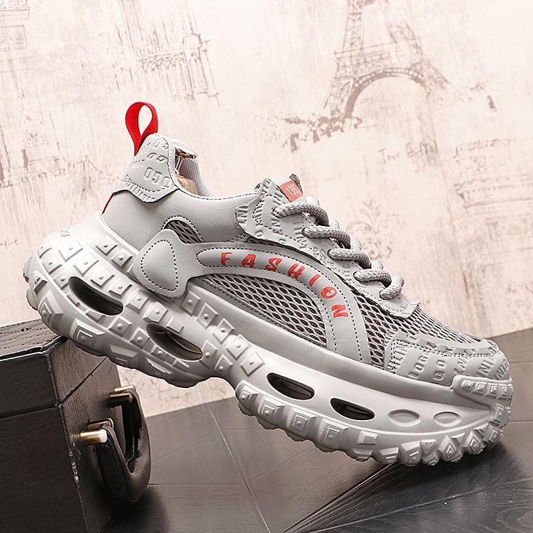 Platform Lettering Debossed Mesh Panel Lace-Up Sneakers Product Image