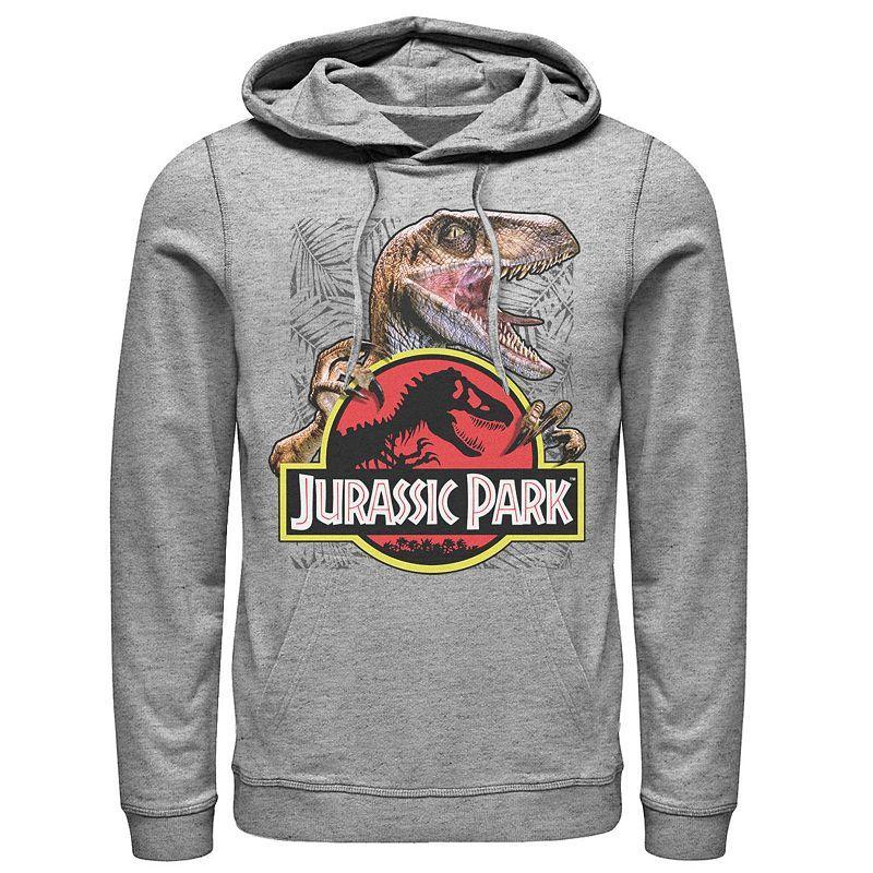 Men's Jurassic Park Raptor Holding Colored Logo Graphic Pullover Hoodie, Size: Large, Athletic Grey Product Image