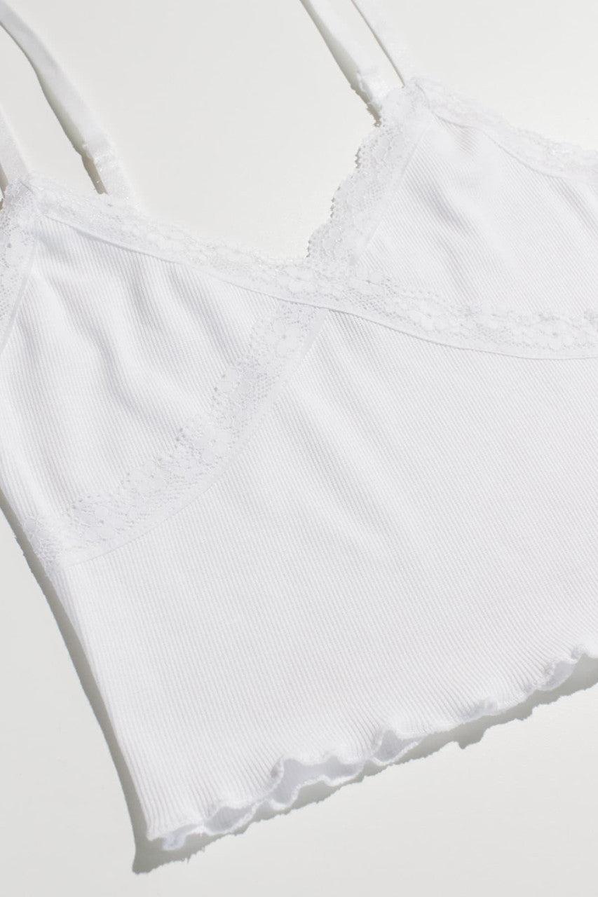 White Lace Trim Ribbed Crop Cami Product Image
